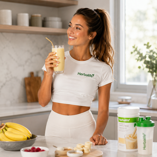 Woman drinking Formula 1 Nutritional Shake Mix Banana Cream - NutriFit UK